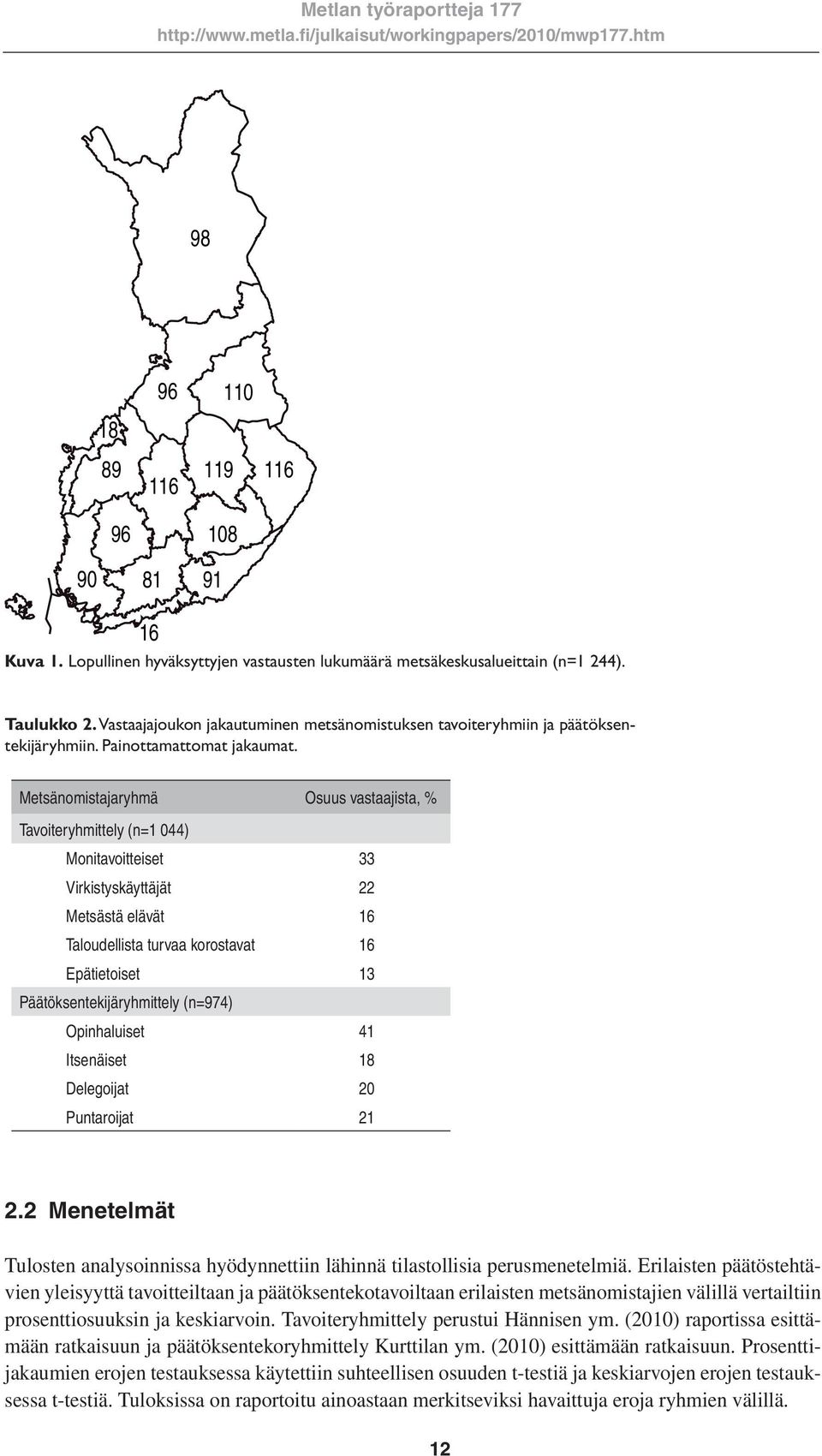 Metsänomistajaryhmä Osuus vastaajista, % Tavoiteryhmittely (n=1 044) Monitavoitteiset 33 Virkistyskäyttäjät 22 Metsästä elävät 16 Taloudellista turvaa korostavat 16 Epätietoiset 13