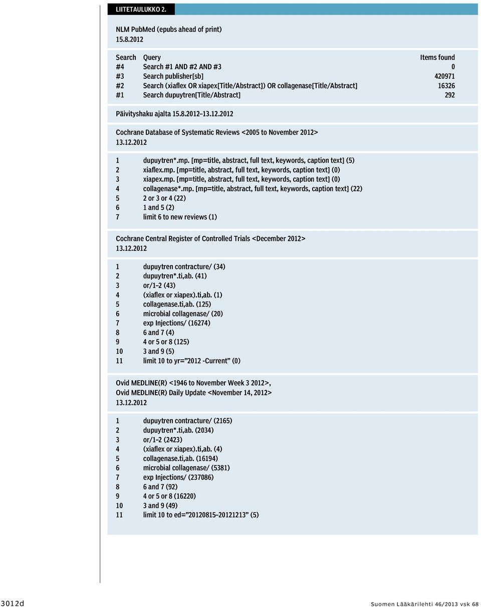 dupuytren[title/abstract] 292 Päivityshaku ajalta 15.8.2012 Cochrane Database of Systematic Reviews <2005 to November 2012> 1 dupuytren*.mp.