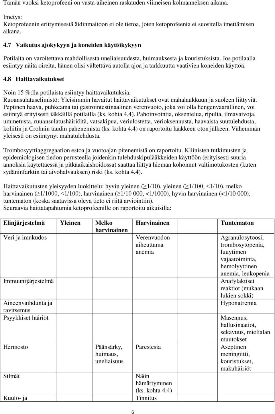 7 Vaikutus ajokykyyn ja koneiden käyttökykyyn Potilaita on varoitettava mahdollisesta uneliaisuudesta, huimauksesta ja kouristuksista.