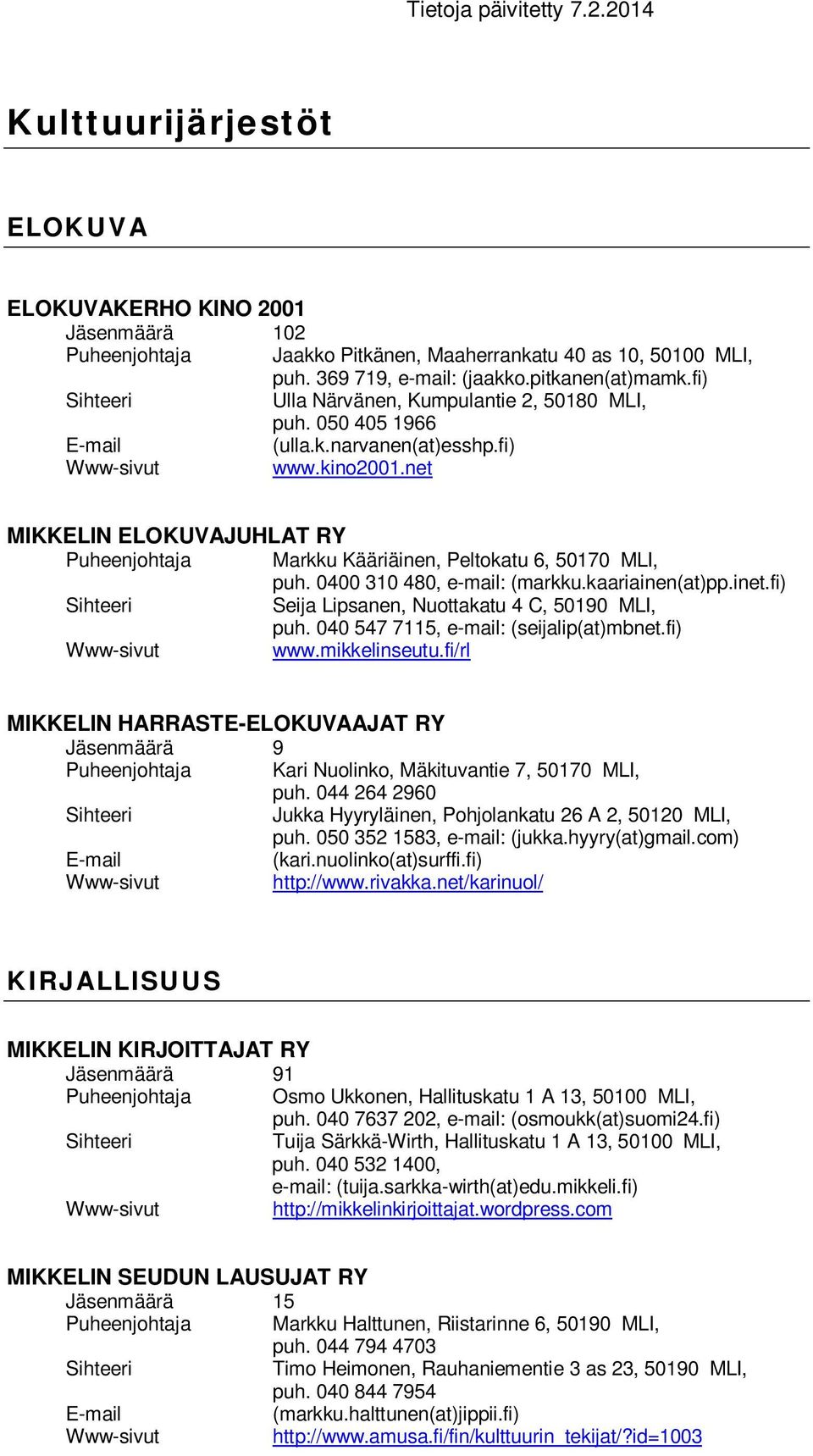 0400 310 480, e-mail: (markku.kaariainen(at)pp.inet.fi) Seija Lipsanen, Nuottakatu 4 C, 50190 MLI, puh. 040 547 7115, e-mail: (seijalip(at)mbnet.fi) www.mikkelinseutu.