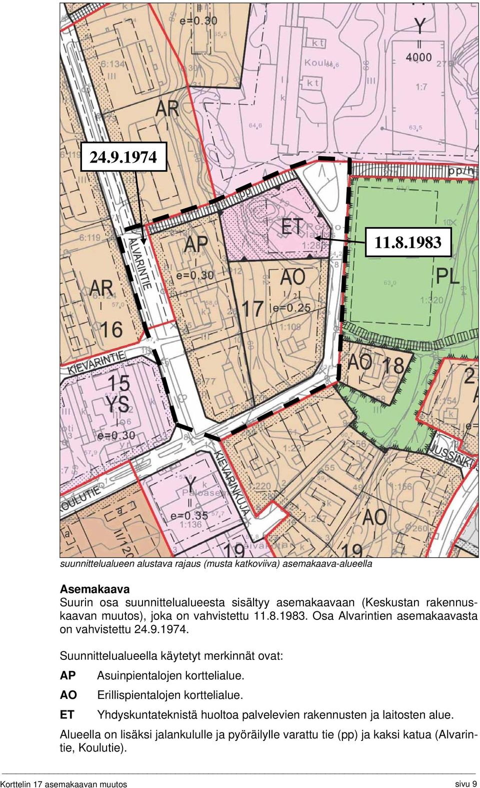 rakennuskaavan muutos), joka on vahvistettu 11.8.1983. Osa Alvarintien asemakaavasta on vahvistettu 24.9.1974.