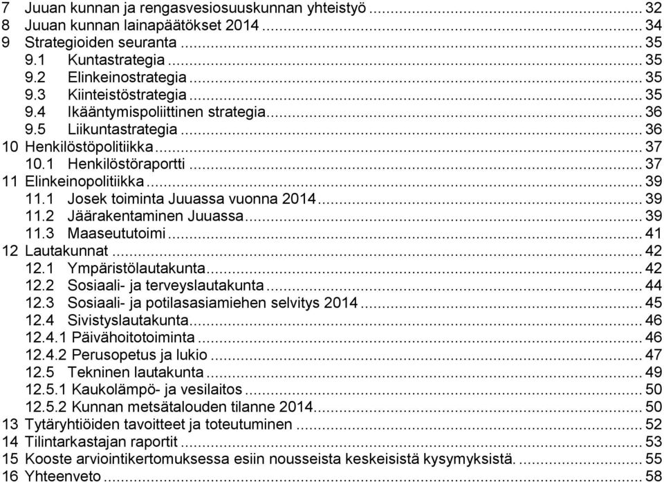 1 Josek toiminta Juuassa vuonna 2014... 39 11.2 Jäärakentaminen Juuassa... 39 11.3 Maaseututoimi... 41 12 Lautakunnat... 42 12.1 Ympäristölautakunta... 42 12.2 Sosiaali- ja terveyslautakunta... 44 12.