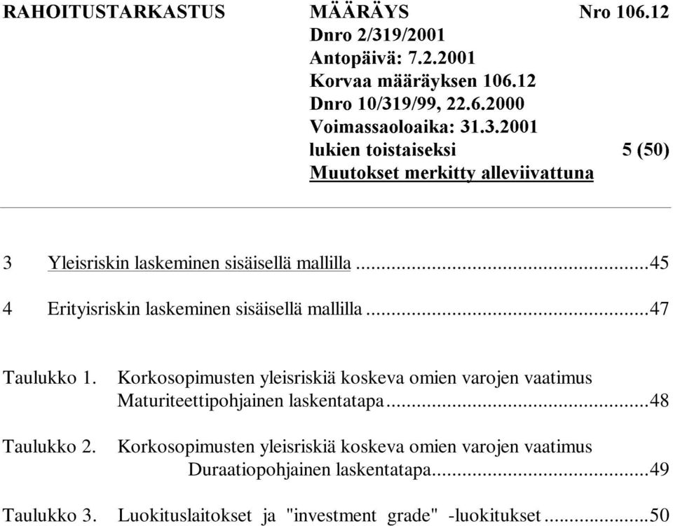 mallilla...45 4 Erityisriskin laskeminen sisäisellä mallilla...47 Taulukko 1. Taulukko 2.