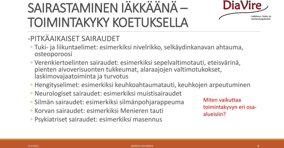 turvotus Hengityselimet: esimerkiksi keuhkoahtaumatauti, keuhkojen arpeutuminen Neurologiset sairaudet: esimerkiksi muistisairaudet Silmän sairaudet: esimerkiksi