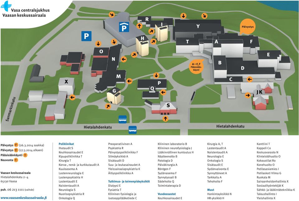 fi Poliklinikat Ihotaudit S Keuhkosairaudet E Kipupoliklinikka T Kirurgia T Korva-, nenä- ja kurkkutaudit A Kuuloasema A Lastenneurologia E Lastenpsykiatria H Lastentaudit E Naistentaudit A