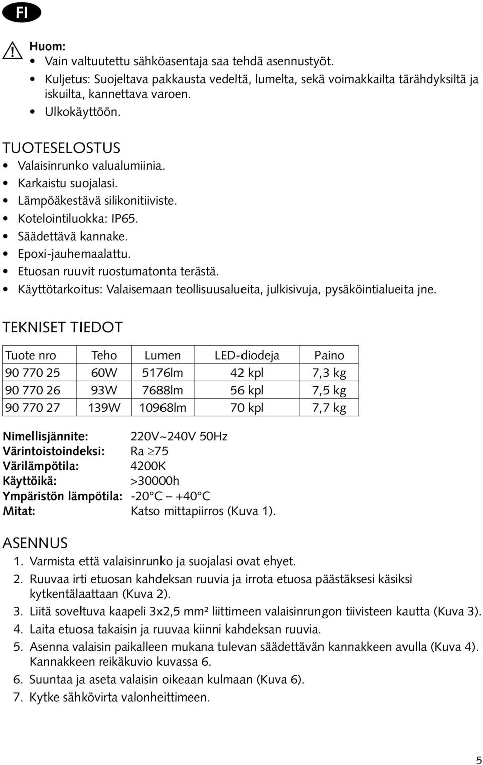 Käyttötarkoitus: Valaisemaan teollisuusalueita, julkisivuja, pysäköintialueita jne.