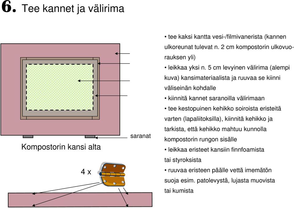 5 cm levyinen välirima (alempi kuva) kansimateriaalista ja ruuvaa se kiinni väliseinän kohdalle kiinnitä kannet saranoilla välirimaan tee kestopuinen