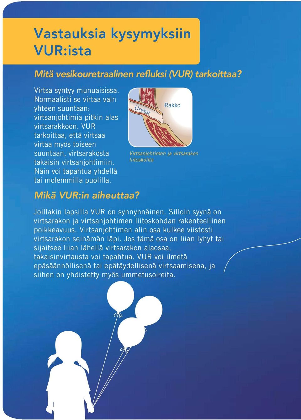 Ureter Rakko Virtsanjohtimen ja virtsarakon liitoskohta Joillakin lapsilla VUR on synnynnäinen. Silloin syynä on virtsarakon ja virtsanjohtimen liitoskohdan rakenteellinen poikkeavuus.
