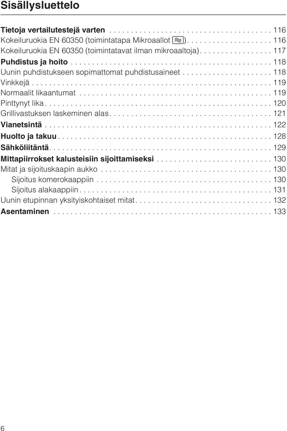 ..118 Vinkkejä...119 Normaalit likaantumat...119 Pinttynyt lika...120 Grillivastuksen laskeminen alas....121 Vianetsintä...122 Huolto ja takuu.