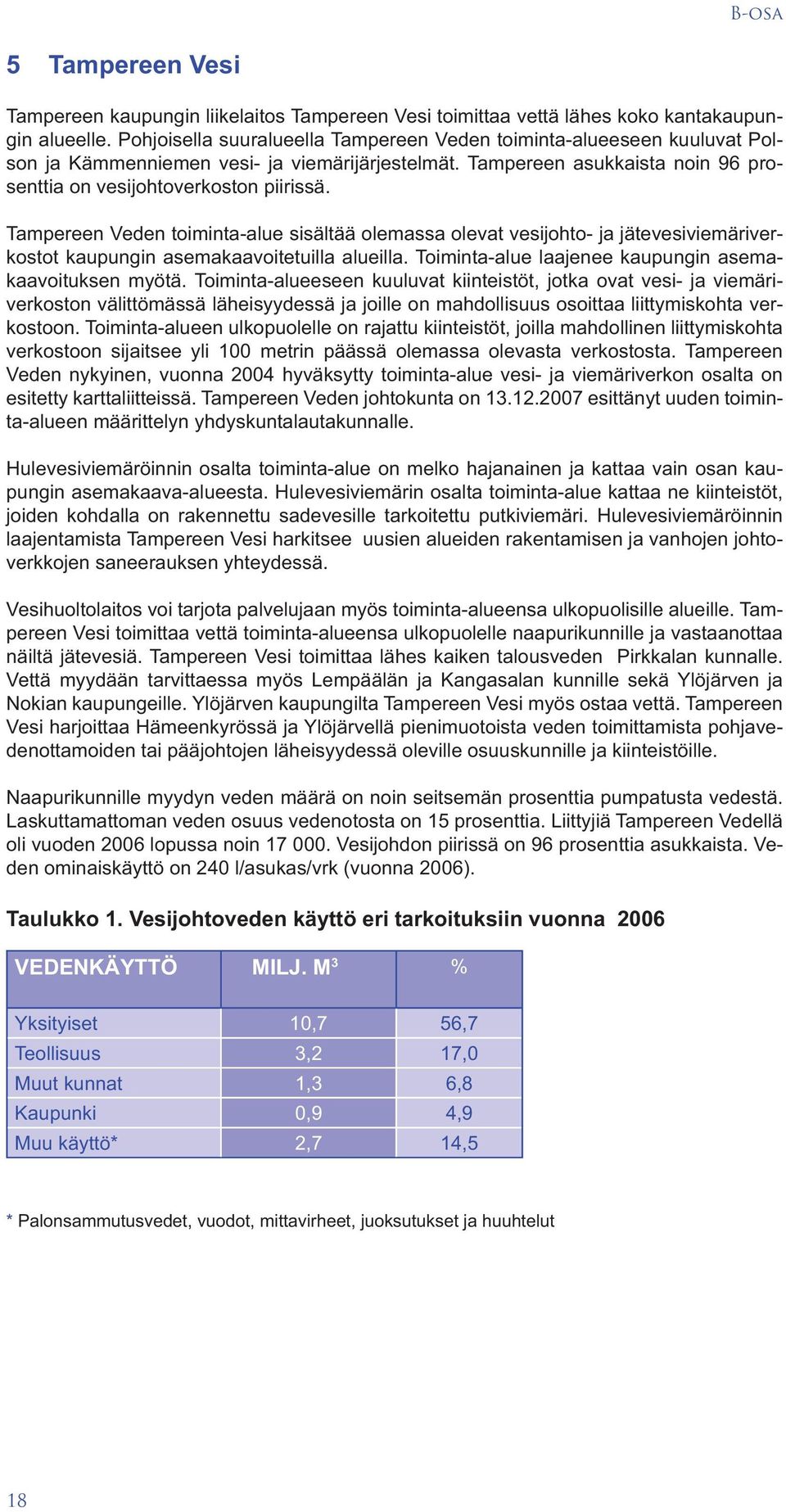 Tampereen Veden toiminta-alue sisältää olemassa olevat vesijohto- ja jätevesiviemäriverkostot kaupungin asemakaavoitetuilla alueilla. Toiminta-alue laajenee kaupungin asemakaavoituksen myötä.