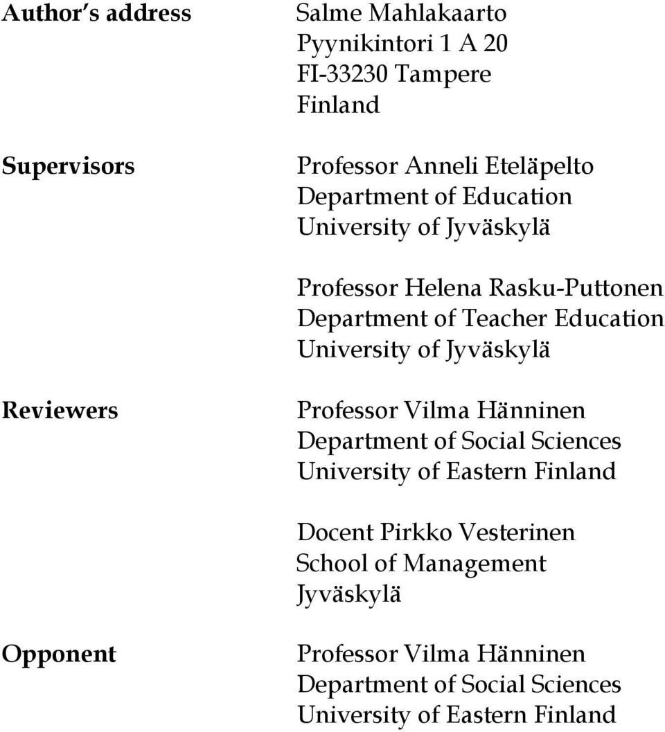 of Jyväskylä Reviewers Professor Vilma Hänninen Department of Social Sciences University of Eastern Finland Docent Pirkko