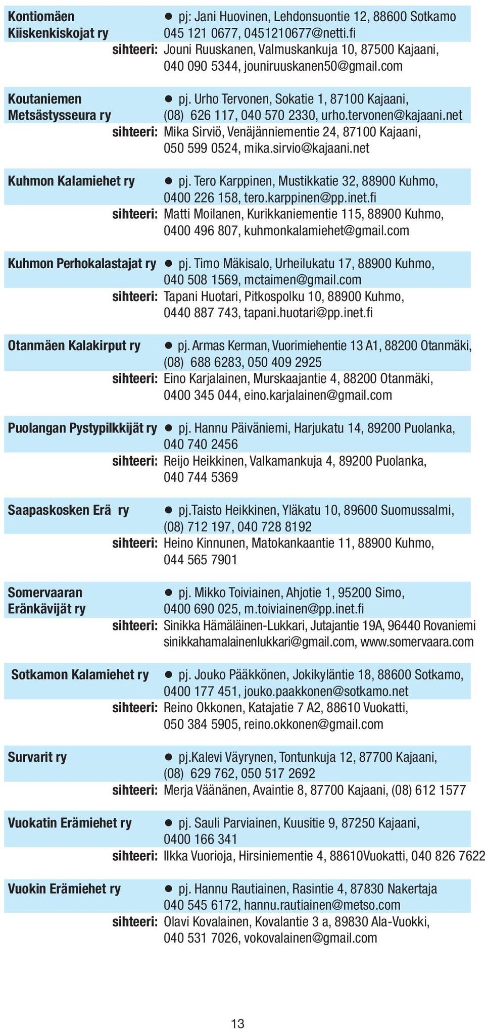 net sihteeri: Mika Sirviö, Venäjänniementie 24, 87100 Kajaani, 050 599 0524, mika.sirvio@kajaani.net Kuhmon Kalamiehet ry pj. Tero Karppinen, Mustikkatie 32, 88900 Kuhmo, 0400 226 158, tero.