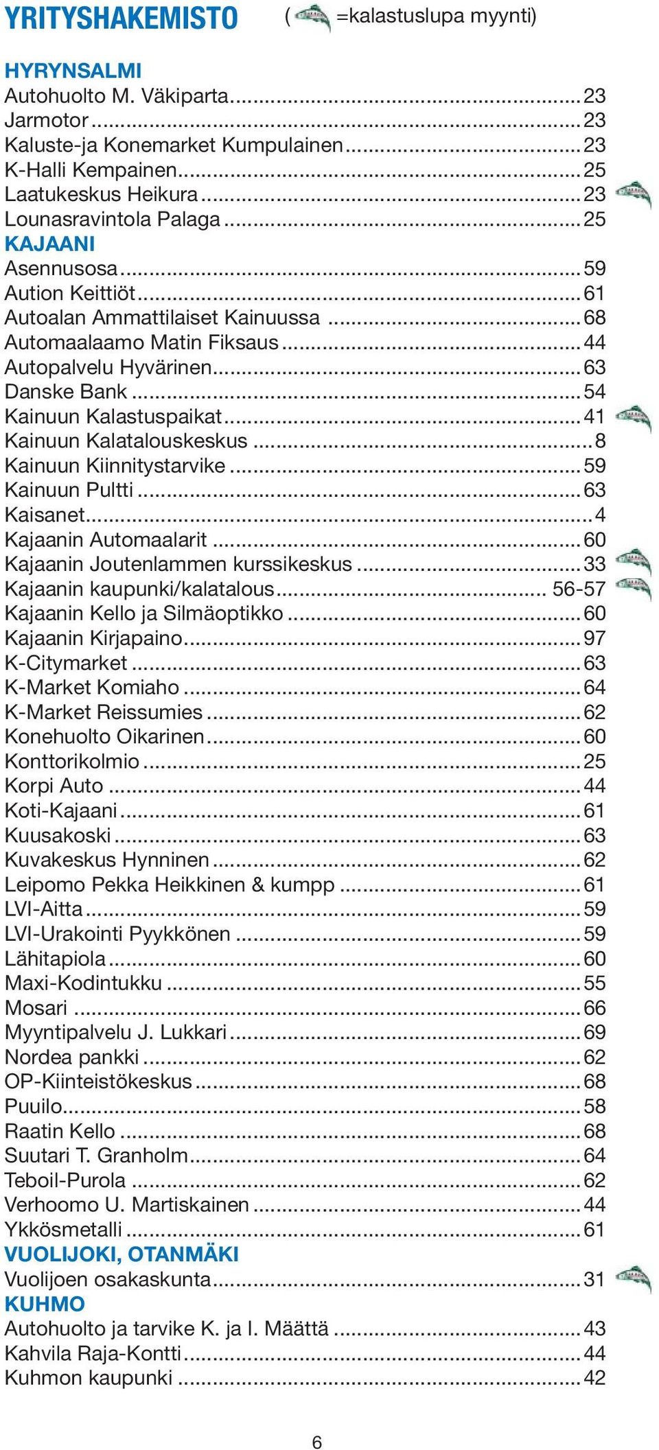 ..54 Kainuun Kalastuspaikat...41 Kainuun Kalatalouskeskus...8 Kainuun Kiinnitystarvike...59 Kainuun Pultti...63 Kaisanet...4 Kajaanin Automaalarit...60 Kajaanin Joutenlammen kurssikeskus.