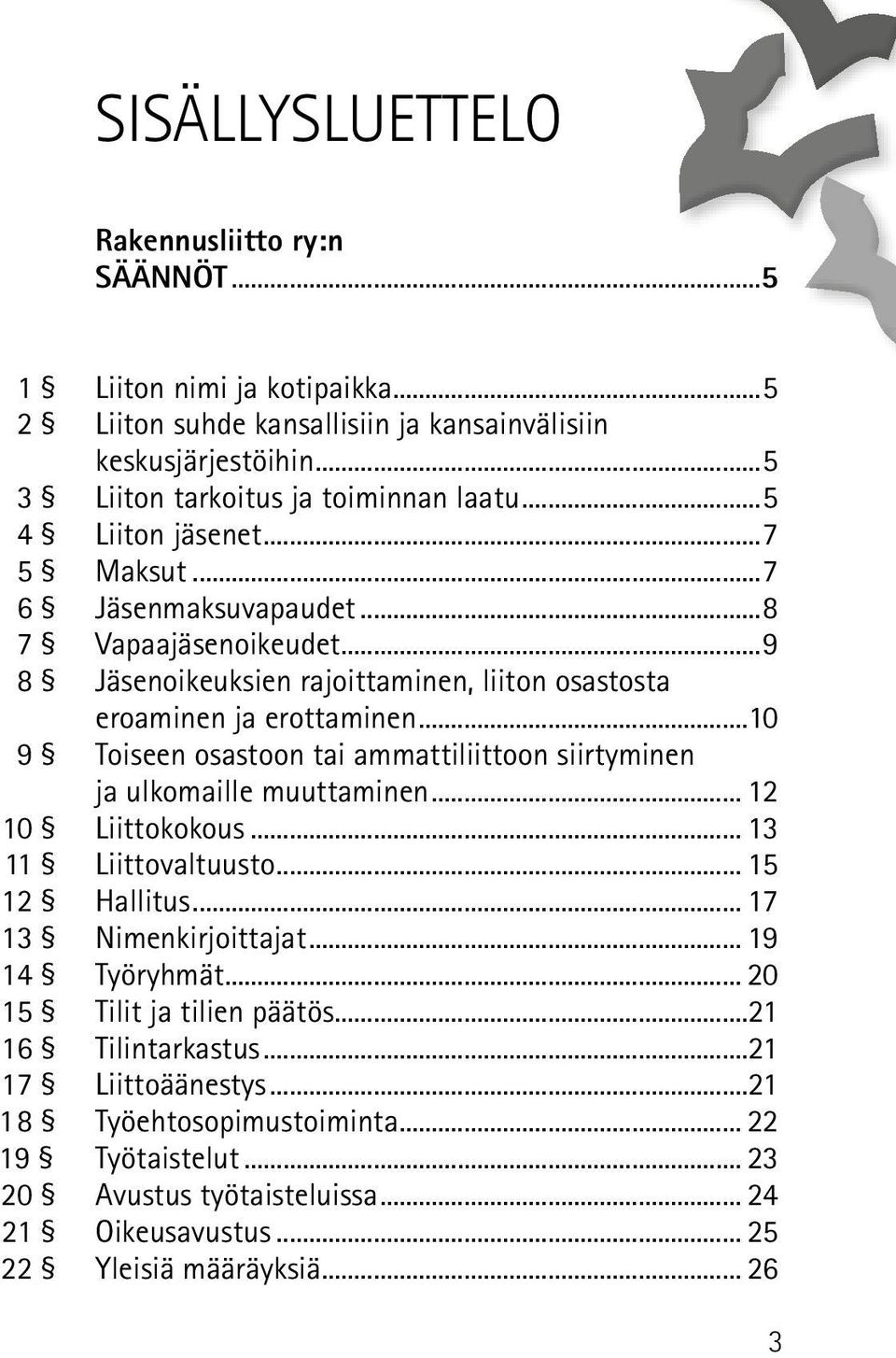 ..10 9 Toiseen osastoon tai ammattiliittoon siirtyminen ja ulkomaille muuttaminen... 12 10 Liittokokous... 13 11 Liittovaltuusto... 15 12 Hallitus... 17 13 Nimenkirjoittajat... 19 14 Työryhmät.