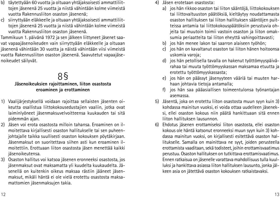 päivänä 1972 ja sen jälkeen liittyneet jäsenet saavat vapaajäsenoikeuden vain siirryttyään eläkkeelle ja oltuaan jäsenenä vähintään 30 vuotta ja näistä vähintään viisi viimeistä vuotta Rakennusliiton