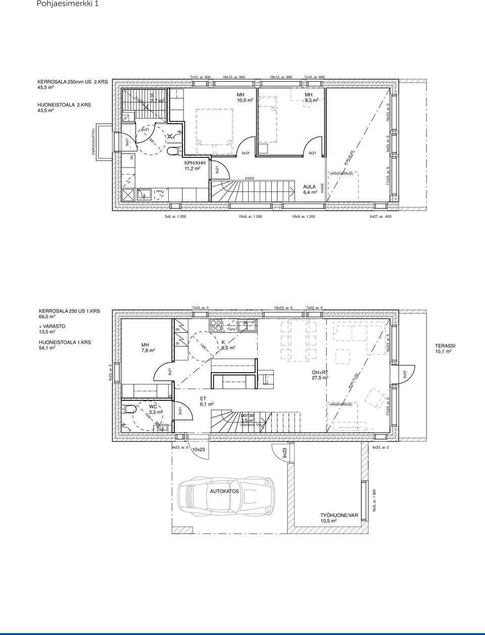 -600 KERROSALA 250 US 1.KRS 66,0 m 2 7x23, ar. 0 18x23, ar. 0 7x23, ar. 0 + ASTO 13,5 m 2 PK K HUONEISTOALA 1.KRS 54,1 m 2, ar.