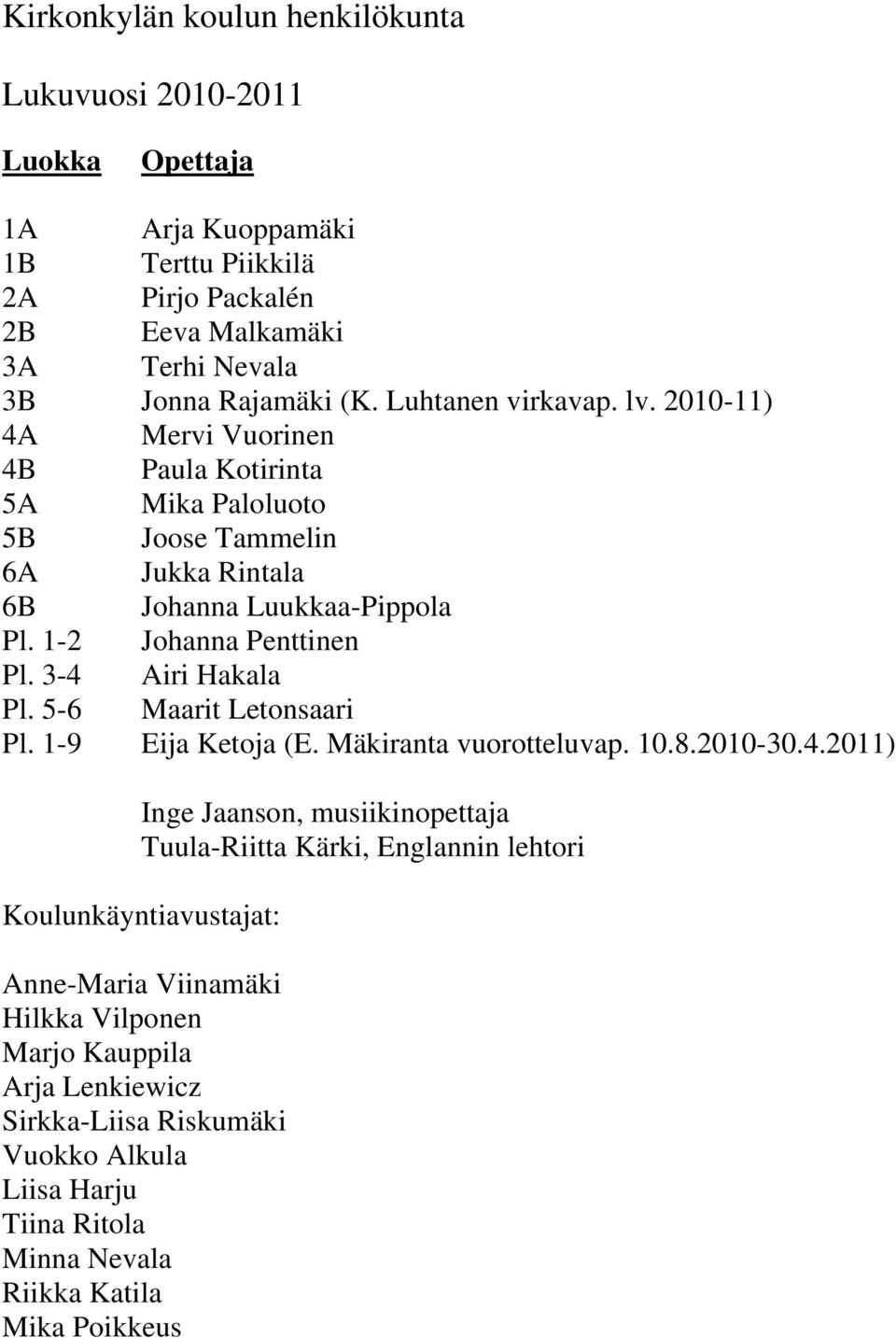 3-4 Airi Hakala Pl. 5-6 Maarit Letonsaari Pl. 1-9 Eija Ketoja (E. Mäkiranta vuorotteluvap. 10.8.2010-30.4.2011) Inge Jaanson, musiikinopettaja Tuula-Riitta Kärki, Englannin lehtori