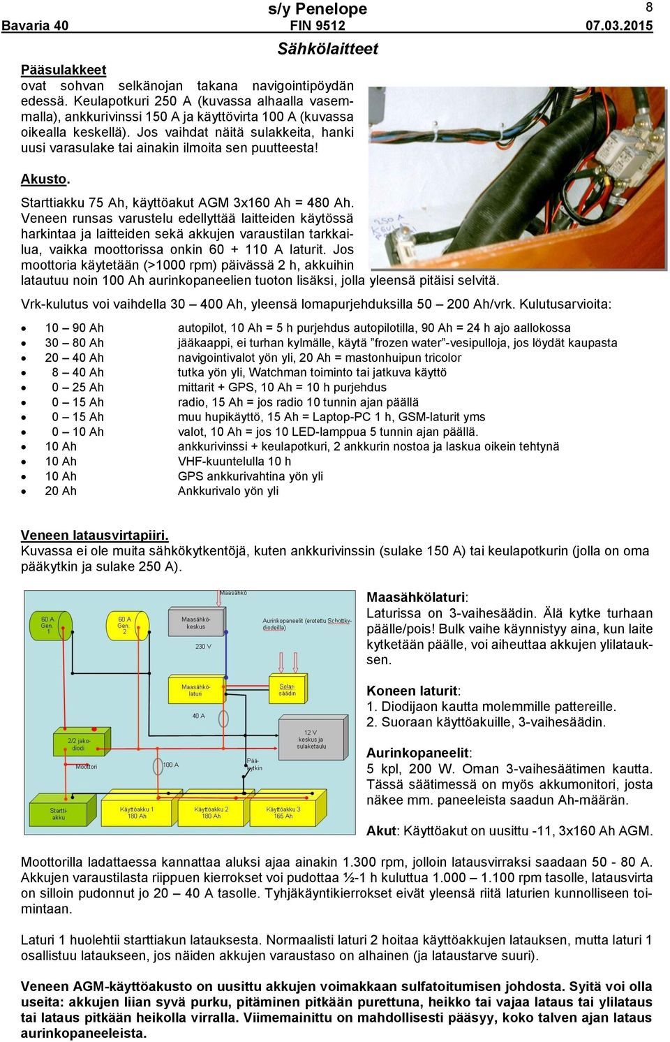 Jos vaihdat näitä sulakkeita, hanki uusi varasulake tai ainakin ilmoita sen puutteesta! Akusto. Starttiakku 75 Ah, käyttöakut AGM 3x160 Ah = 480 Ah.