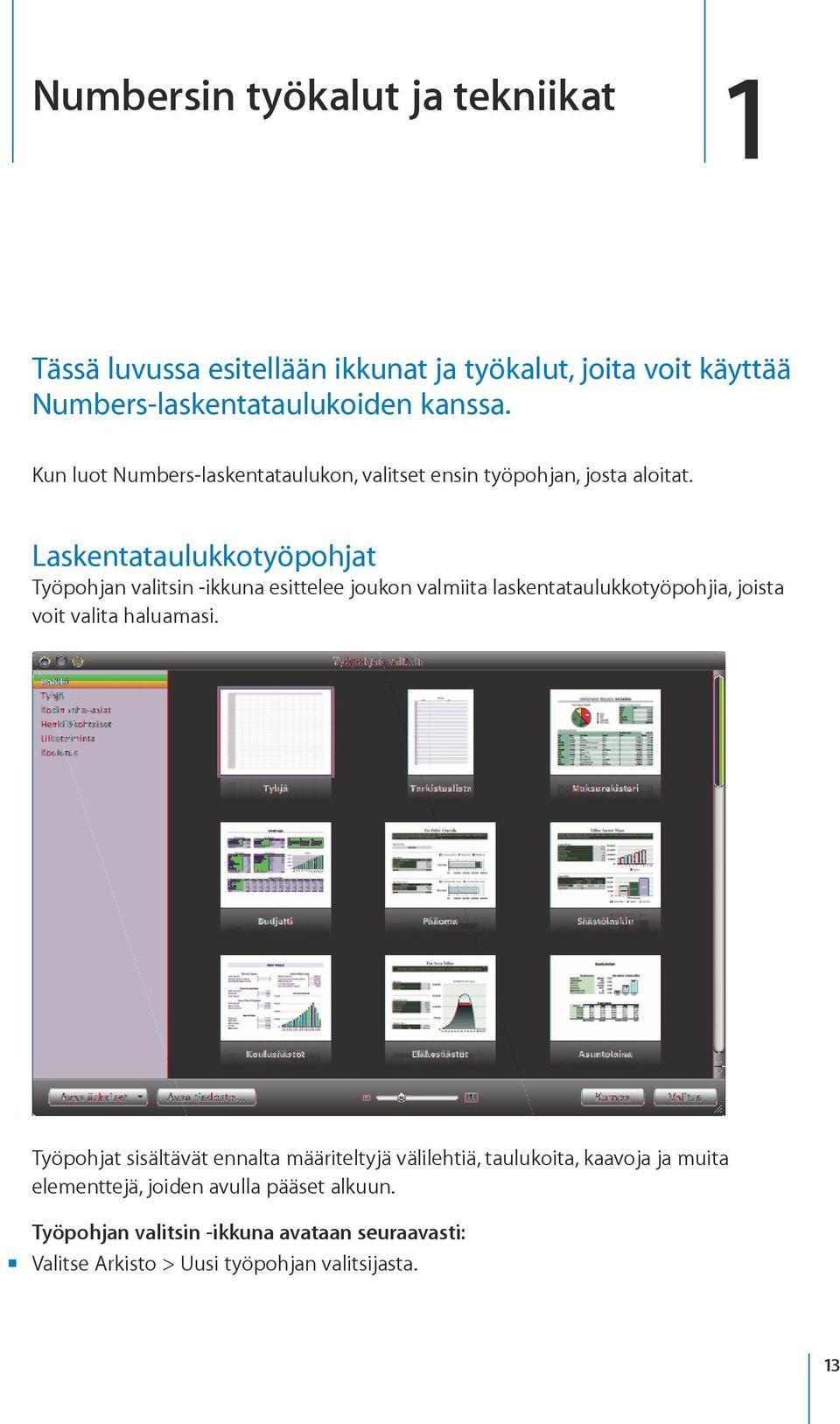 Laskentataulukkotyöpohjat Työpohjan valitsin -ikkuna esittelee joukon valmiita laskentataulukkotyöpohjia, joista voit valita haluamasi.