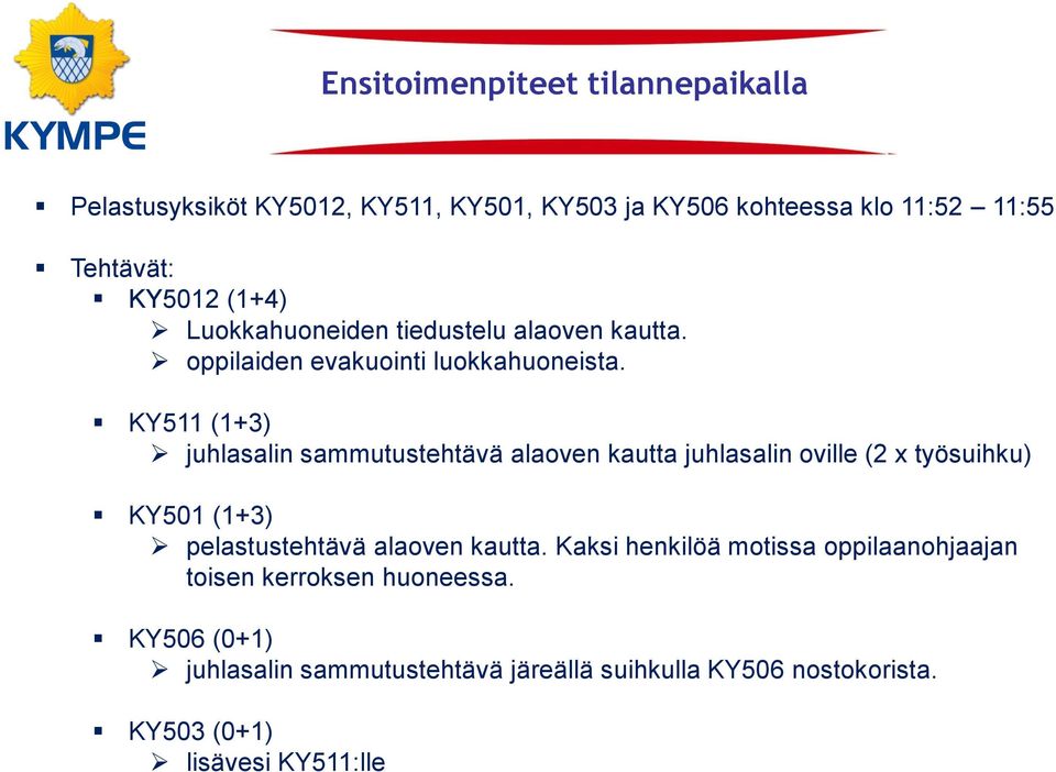 KY511 (1+3) juhlasalin sammutustehtävä alaoven kautta juhlasalin oville (2 x työsuihku) KY501 (1+3) pelastustehtävä alaoven kautta.