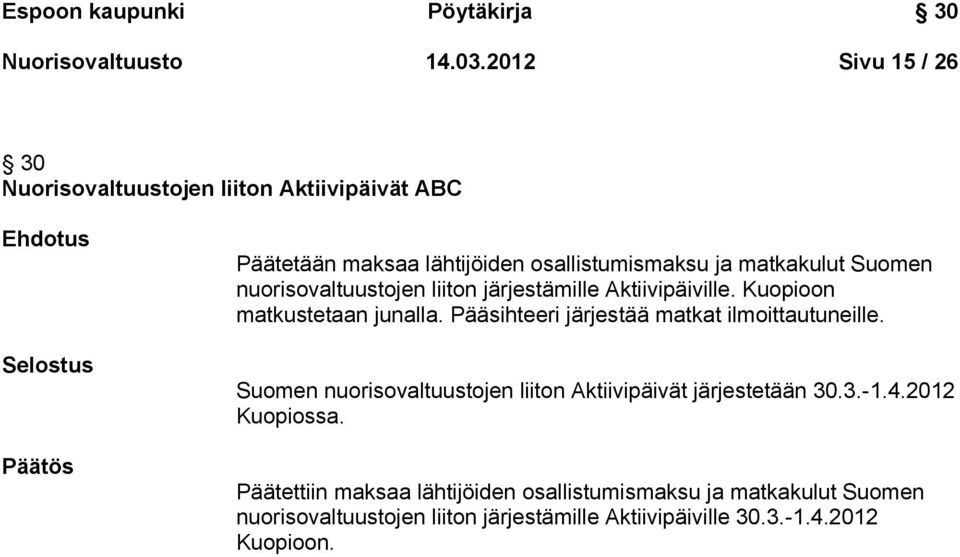 matkakulut Suomen nuorisovaltuustojen liiton järjestämille Aktiivipäiville. Kuopioon matkustetaan junalla.