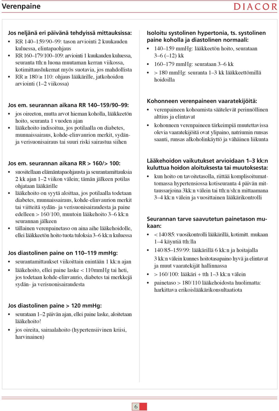 systolinen paine koholla ja diastolinen normaali: 140 159 mmhg: lääkkeetön hoito, seurataan 3 6 ( 12) kk 160 179 mmhg: seurataan 3 6 kk > 180 mmhg: seuranta 1 3 kk lääkkeettömillä hoidoilla Jos em.