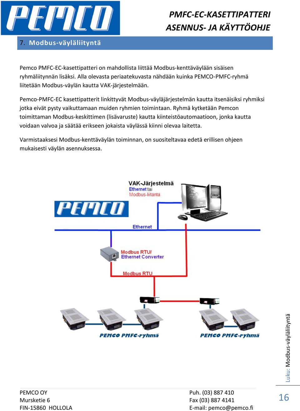 Pemco-PMFC-EC kasettipatterit linkittyvät Modbus-väyläjärjestelmän kautta itsenäisiksi ryhmiksi jotka eivät pysty vaikuttamaan muiden ryhmien toimintaan.