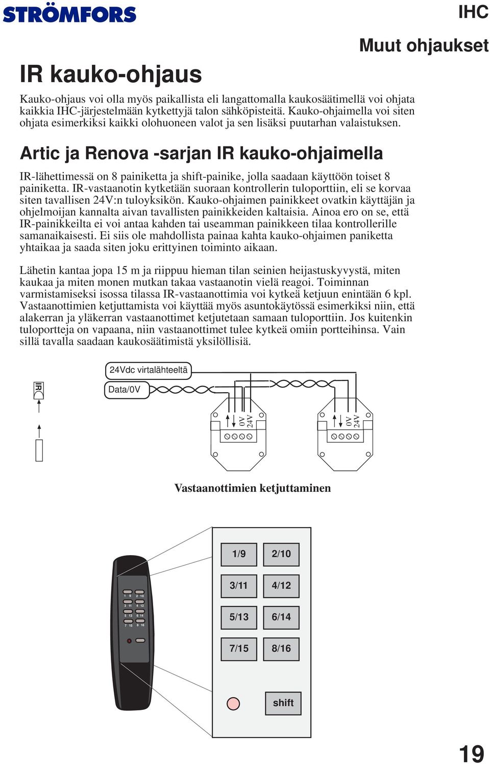 Artic ja Renova -sarjan IR kauko-ohjaimella IR-lähettimessä on painiketta ja shift-painike, jolla saadaan käyttöön toiset painiketta.