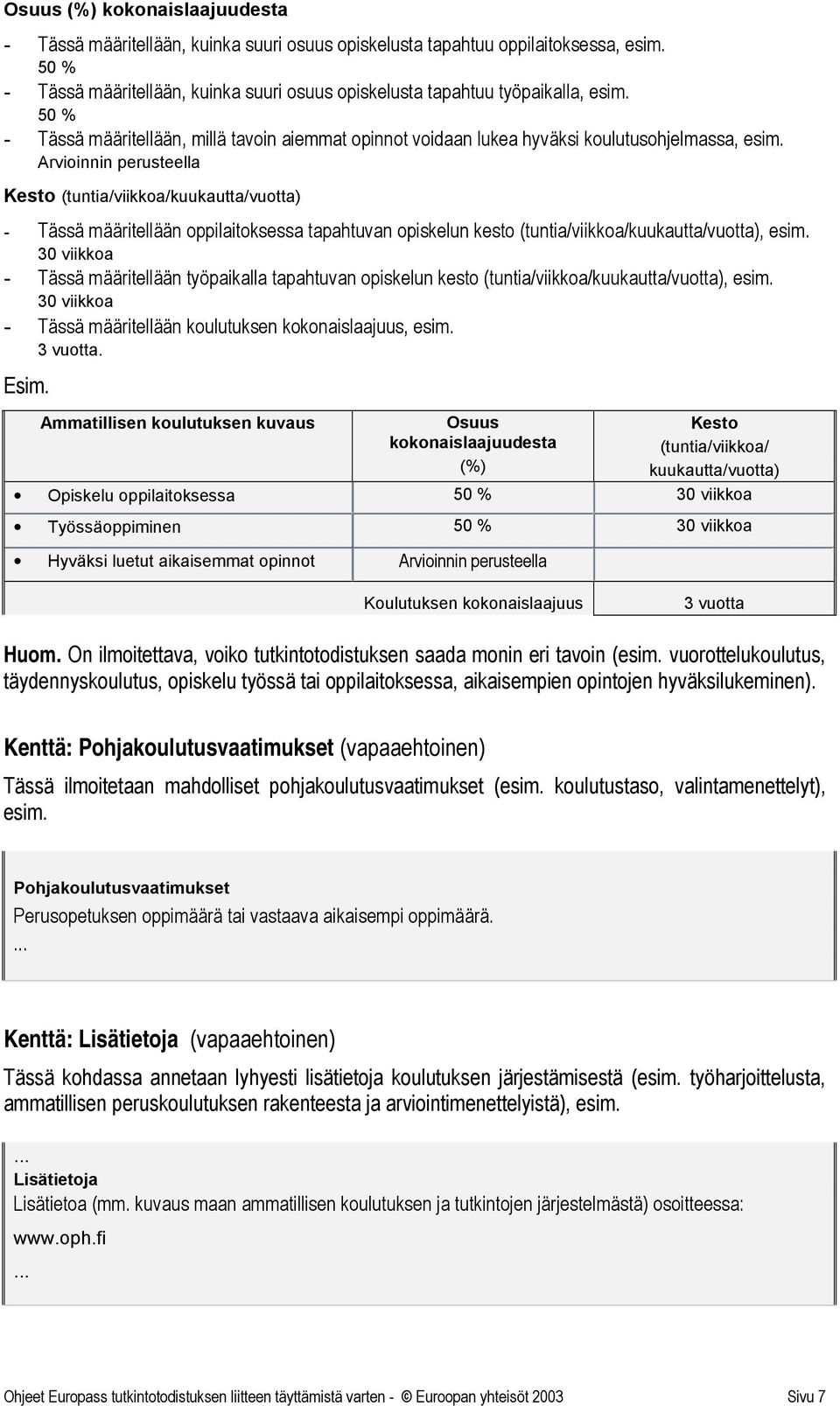 Arvioinnin perusteella Kesto (tuntia/viikkoa/kuukautta/vuotta) - Tässä määritellään oppilaitoksessa tapahtuvan opiskelun kesto (tuntia/viikkoa/kuukautta/vuotta), esim.