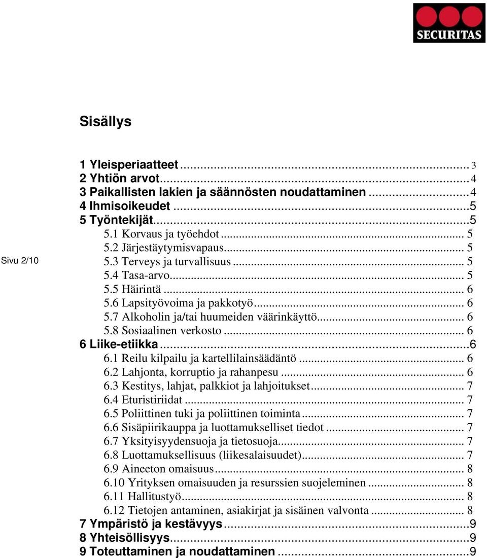 .. 6 6 Liike-etiikka...6 6.1 Reilu kilpailu ja kartellilainsäädäntö... 6 6.2 Lahjonta, korruptio ja rahanpesu... 6 6.3 Kestitys, lahjat, palkkiot ja lahjoitukset... 7 6.