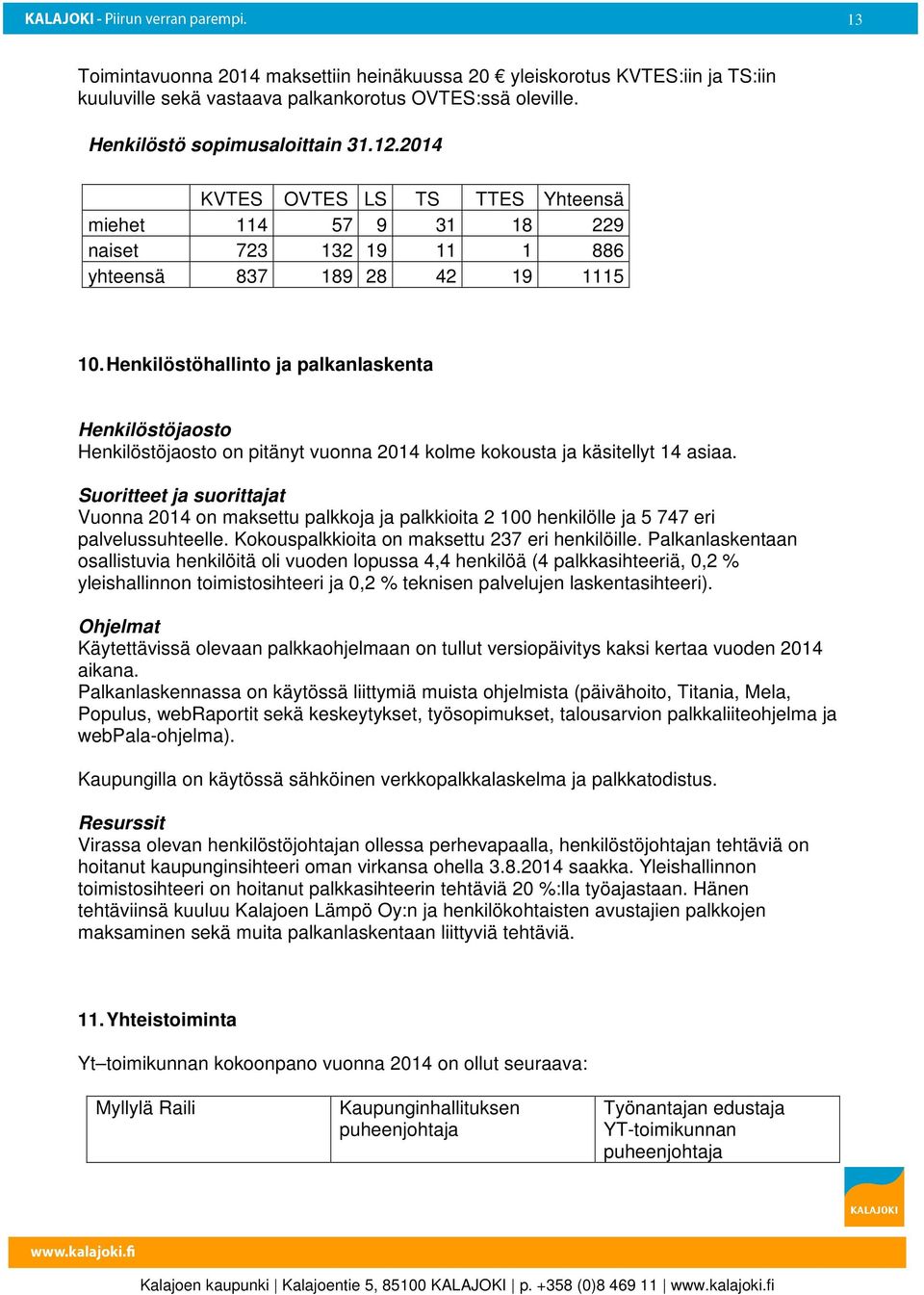 Henkilöstöhallinto ja palkanlaskenta Henkilöstöjaosto Henkilöstöjaosto on pitänyt vuonna 2014 kolme kokousta ja käsitellyt 14 asiaa.