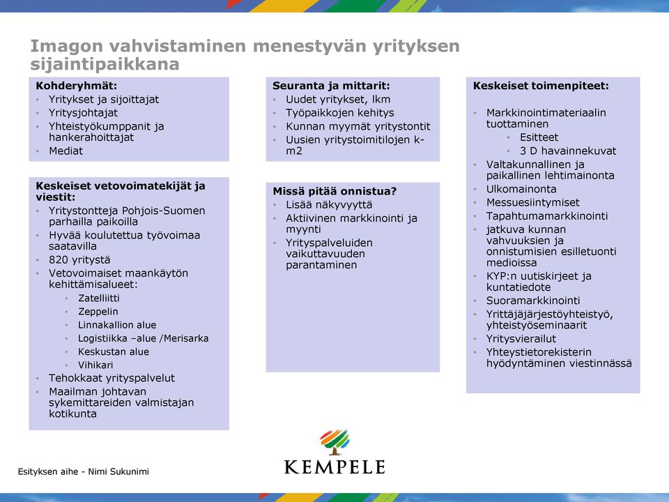 alue /Merisarka Keskustan alue Vihikari Tehokkaat yrityspalvelut Maailman johtavan sykemittareiden valmistajan kotikunta Seuranta ja mittarit: Uudet yritykset, lkm Työpaikkojen kehitys Kunnan myymät