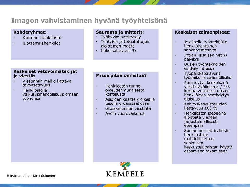 Henkilöstön tunne oikeudenmukaisesta kohtelusta Asioiden käsittely oikealla tasolla organisaatiossa oikea-aikainen viestintä Avoin vuorovaikutus Keskeiset toimenpiteet: Jokaiselle työntekijälle