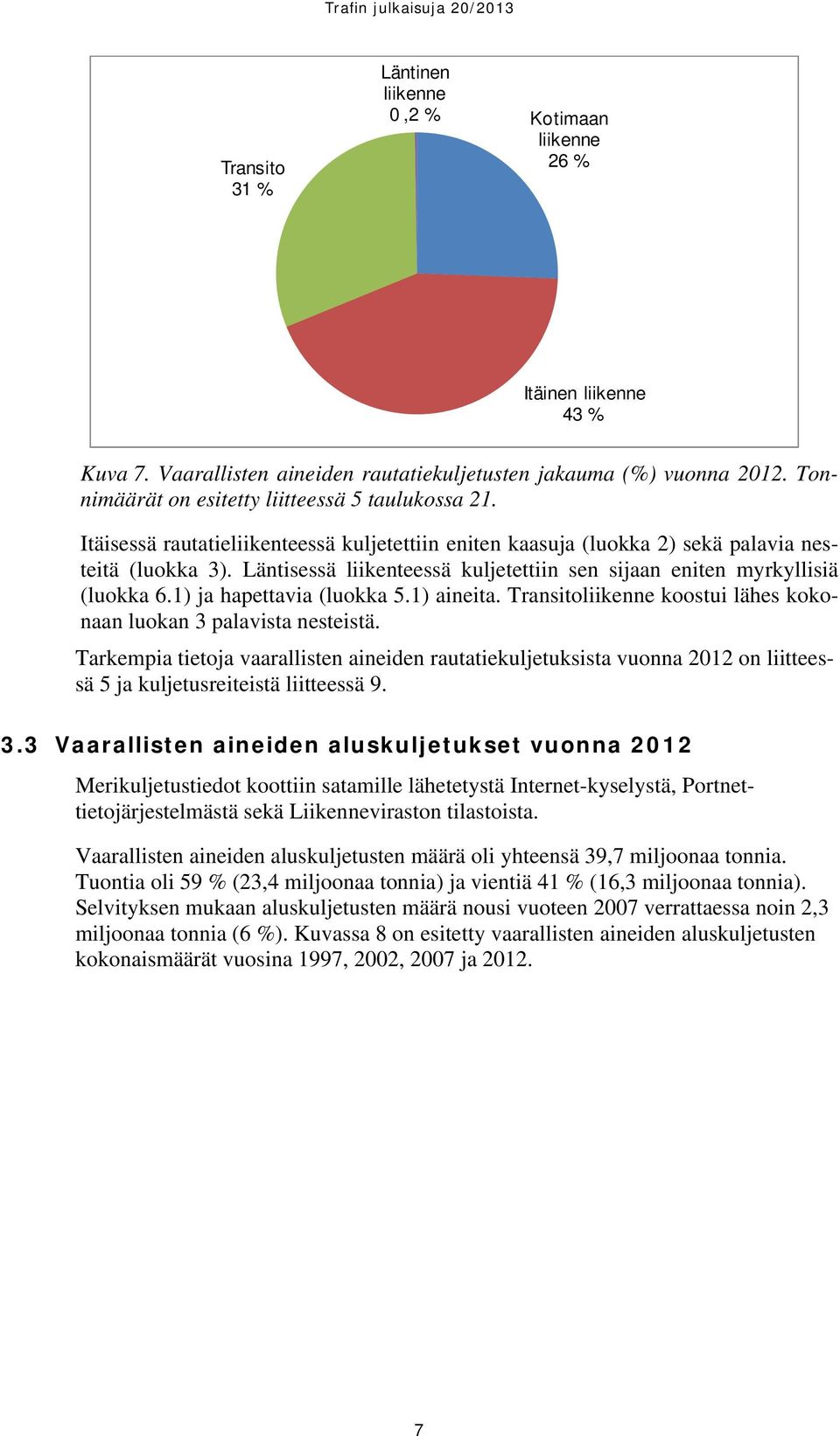 Läntisessä liikenteessä kuljetettiin sen sijaan eniten myrkyllisiä (luokka 6.1) ja hapettavia (luokka 5.1) aineita. Transitoliikenne koostui lähes kokonaan luokan 3 palavista nesteistä.