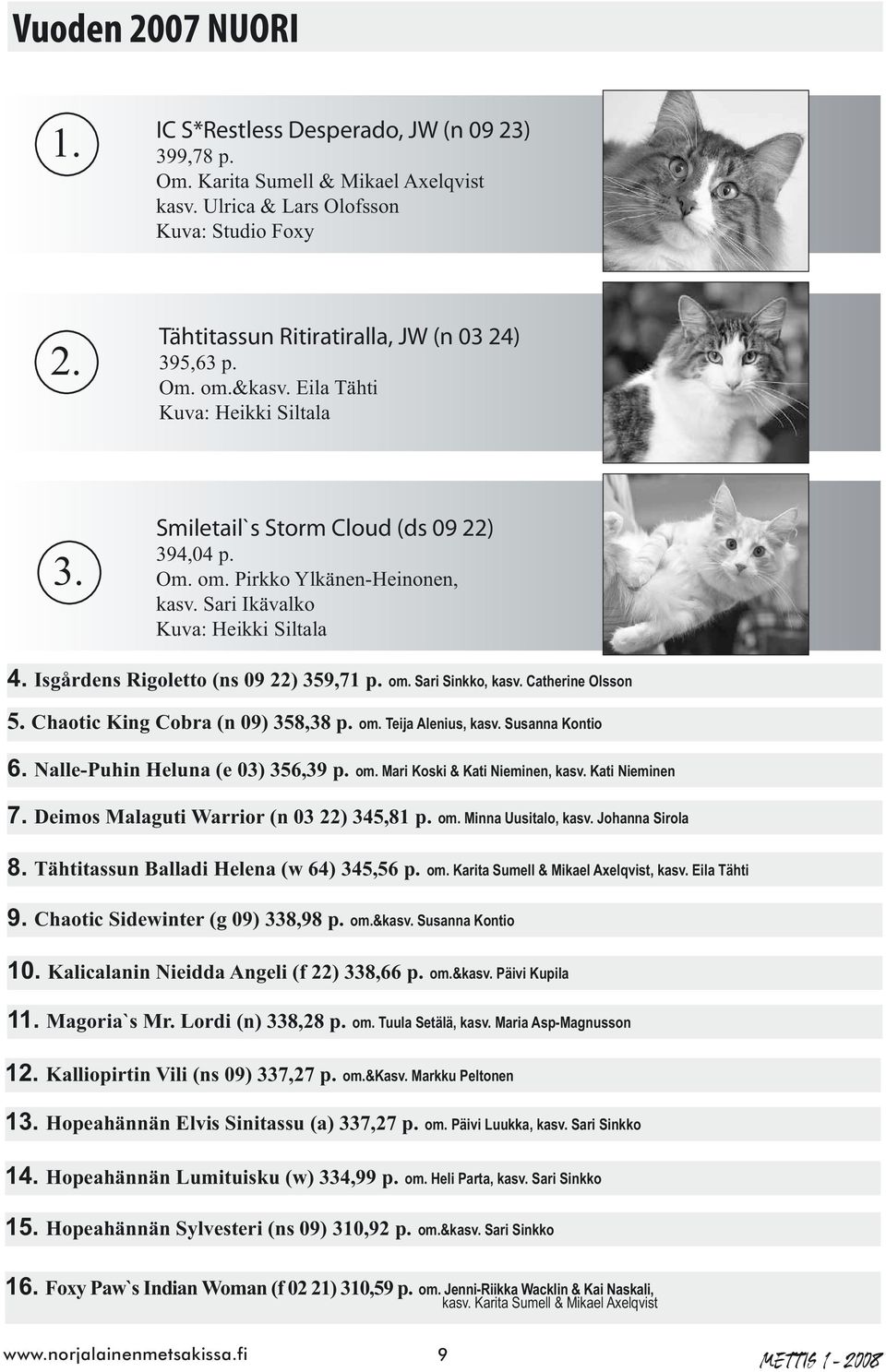 Sari Ikävalko Kuva: Heikki Siltala 4. Isgårdens Rigoletto (ns 09 22) 359,71 p. om. Sari Sinkko, kasv. Catherine Olsson 5. Chaotic King Cobra (n 09) 358,38 p. om. Teija Alenius, kasv. Susanna Kontio 6.