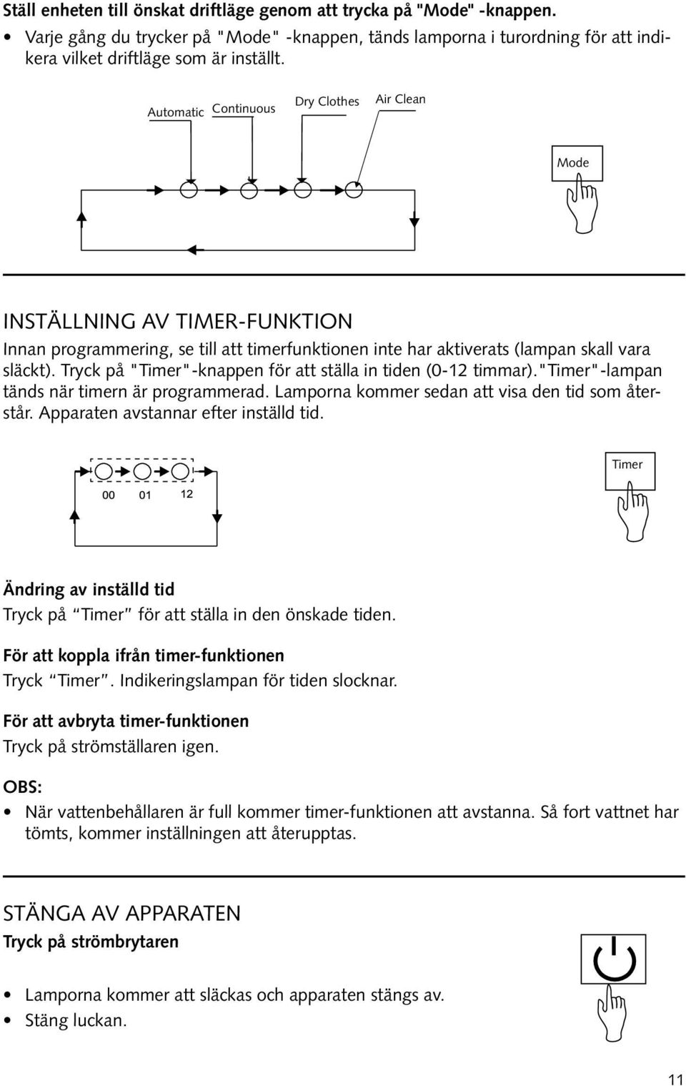 Tryck på "Timer"-knappen för att ställa in tiden (0-12 timmar)."timer"-lampan tänds när timern är programmerad. Lamporna kommer sedan att visa den tid som återstår.