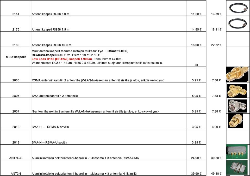 5 db /m. Liittimet suojataan liimapintaisella kutistesukalla. xx 2805 RSMA-antennihaaroitin 2 antennille (WLAN-tukiaseman antennit sisälle ja ulos, erikoiskuviot ym.) 5.95 7.