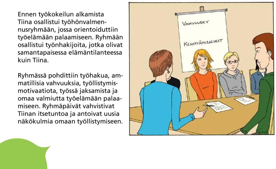 Ryhmässä pohdittiin työhakua, ammatillisia vahvuuksia, työllistymismotivaatiota, työssä jaksamista ja omaa