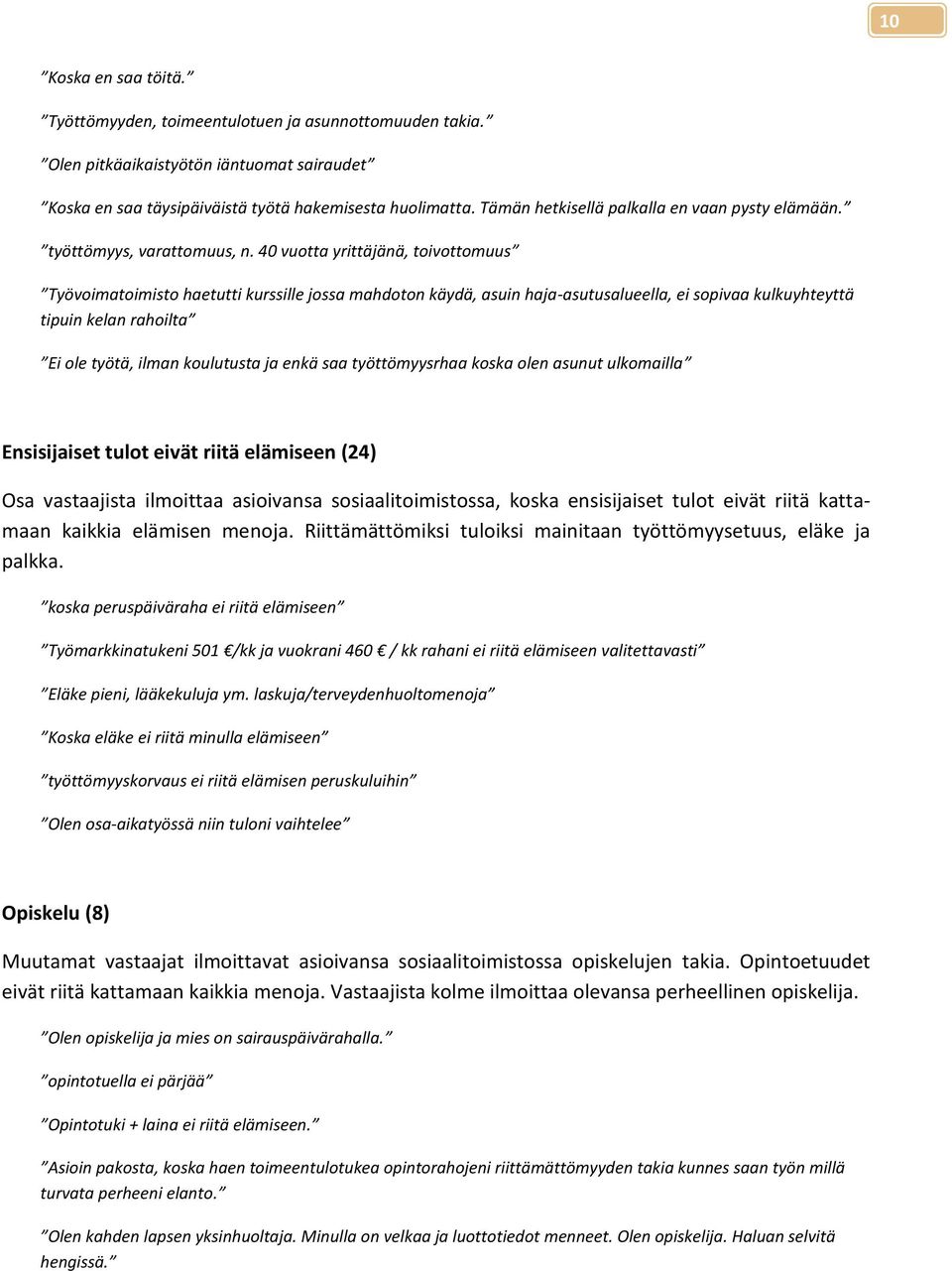 40 vuotta yrittäjänä, toivottomuus Työvoimatoimisto haetutti kurssille jossa mahdoton käydä, asuin haja-asutusalueella, ei sopivaa kulkuyhteyttä tipuin kelan rahoilta Ei ole työtä, ilman koulutusta