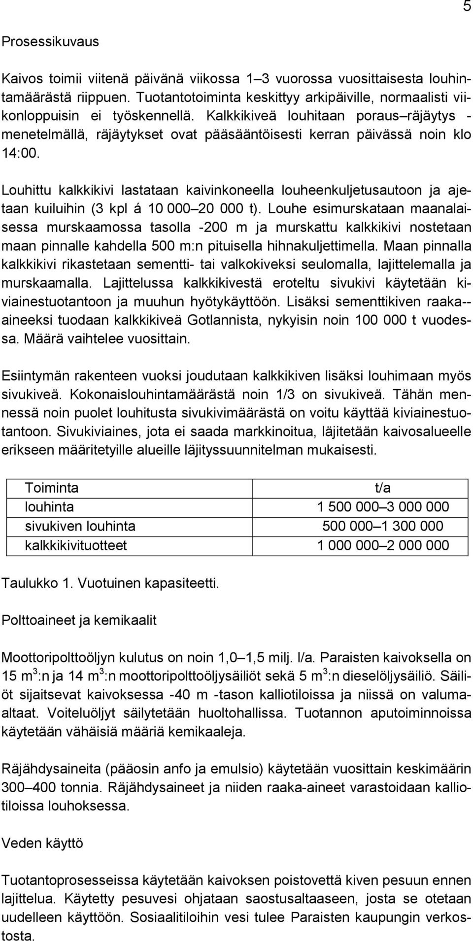 Louhittu kalkkikivi lastataan kaivinkoneella louheenkuljetusautoon ja ajetaan kuiluihin (3 kpl á 10 000 20 000 t).