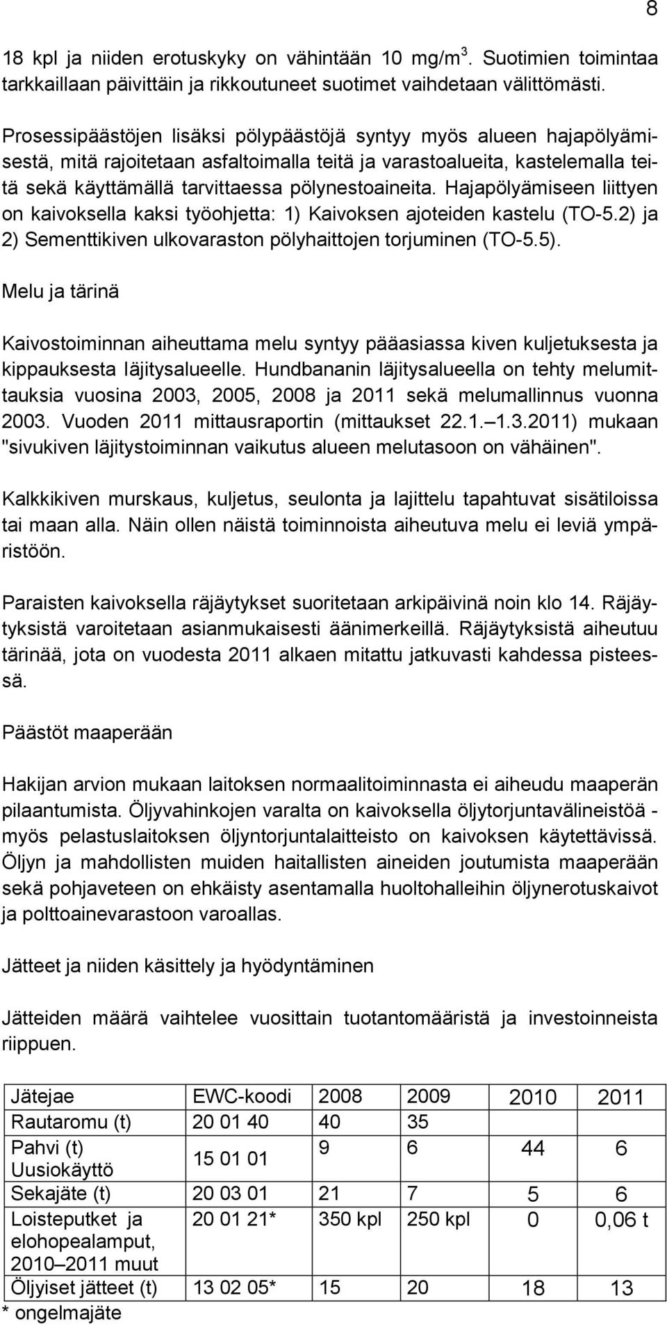 Hajapölyämiseen liittyen on kaivoksella kaksi työohjetta: 1) Kaivoksen ajoteiden kastelu (TO-5.2) ja 2) Sementtikiven ulkovaraston pölyhaittojen torjuminen (TO-5.5).