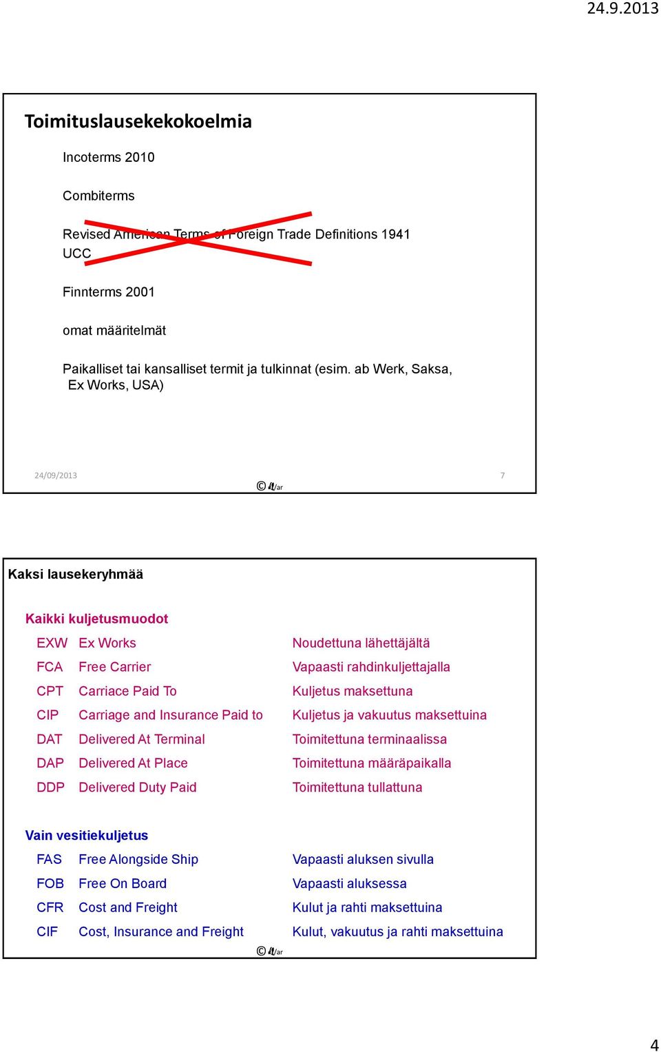 maksettuna CIP Carriage and Insurance Paid to Kuljetus ja vakuutus maksettuina DAT Delivered At Terminal Toimitettuna terminaalissa DAP Delivered At Place Toimitettuna määräpaikalla DDP Delivered