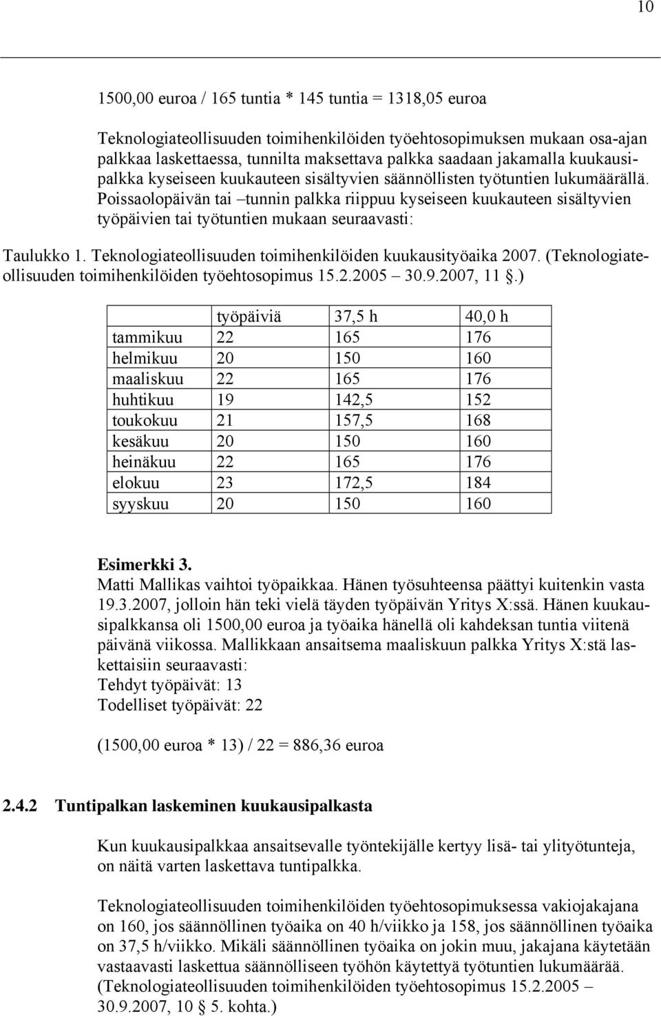 Poissaolopäivän tai tunnin palkka riippuu kyseiseen kuukauteen sisältyvien työpäivien tai työtuntien mukaan seuraavasti: Taulukko 1. Teknologiateollisuuden toimihenkilöiden kuukausityöaika 2007.