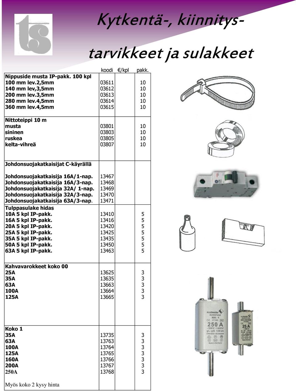 Johdonsuojakatkaisija 2A/ 1-nap. Johdonsuojakatkaisija 2A/-nap. Johdonsuojakatkaisija 6A/-nap. Tulppasulake hidas A kpl IP-pakk. 16A kpl IP-pakk. 20A kpl IP-pakk. 2A kpl IP-pakk. A kpl IP-pakk. 0A kpl IP-pakk.