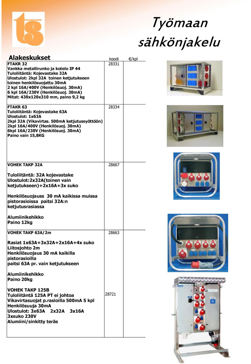 00mA ketjutussyöttöön) 2kpl 16A/400V (Henkilösuoj. 0mA) 6kpl 16A/20V (Henkilösuoj.