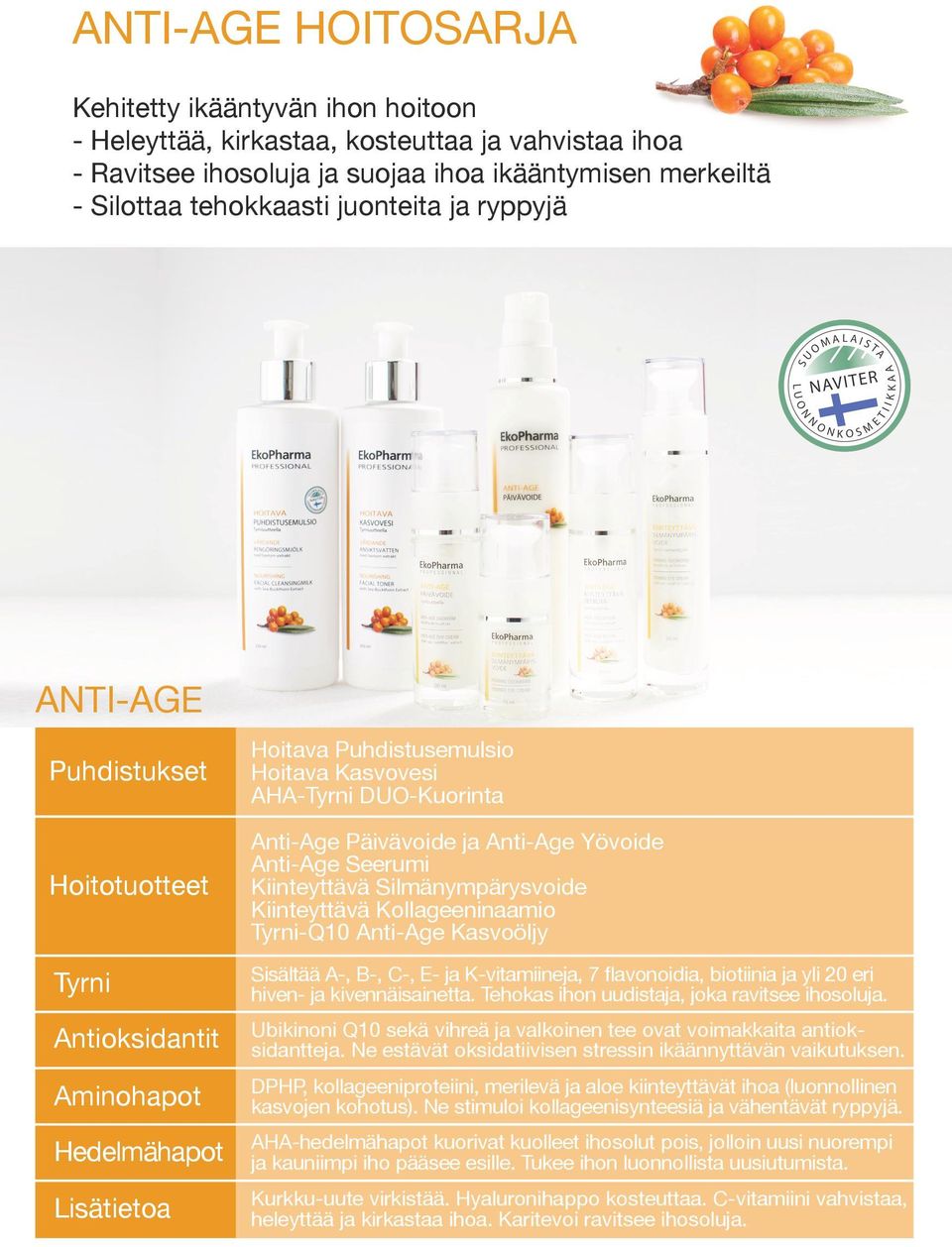 Anti-Age Yövoide Anti-Age Seerumi Kiinteyttävä Silmänympärysvoide Kiinteyttävä Kollageeninaamio Tyrni-Q10 Anti-Age Kasvoöljy Sisältää A-, B-, C-, E- ja K-vitamiineja, 7 flavonoidia, biotiinia ja yli