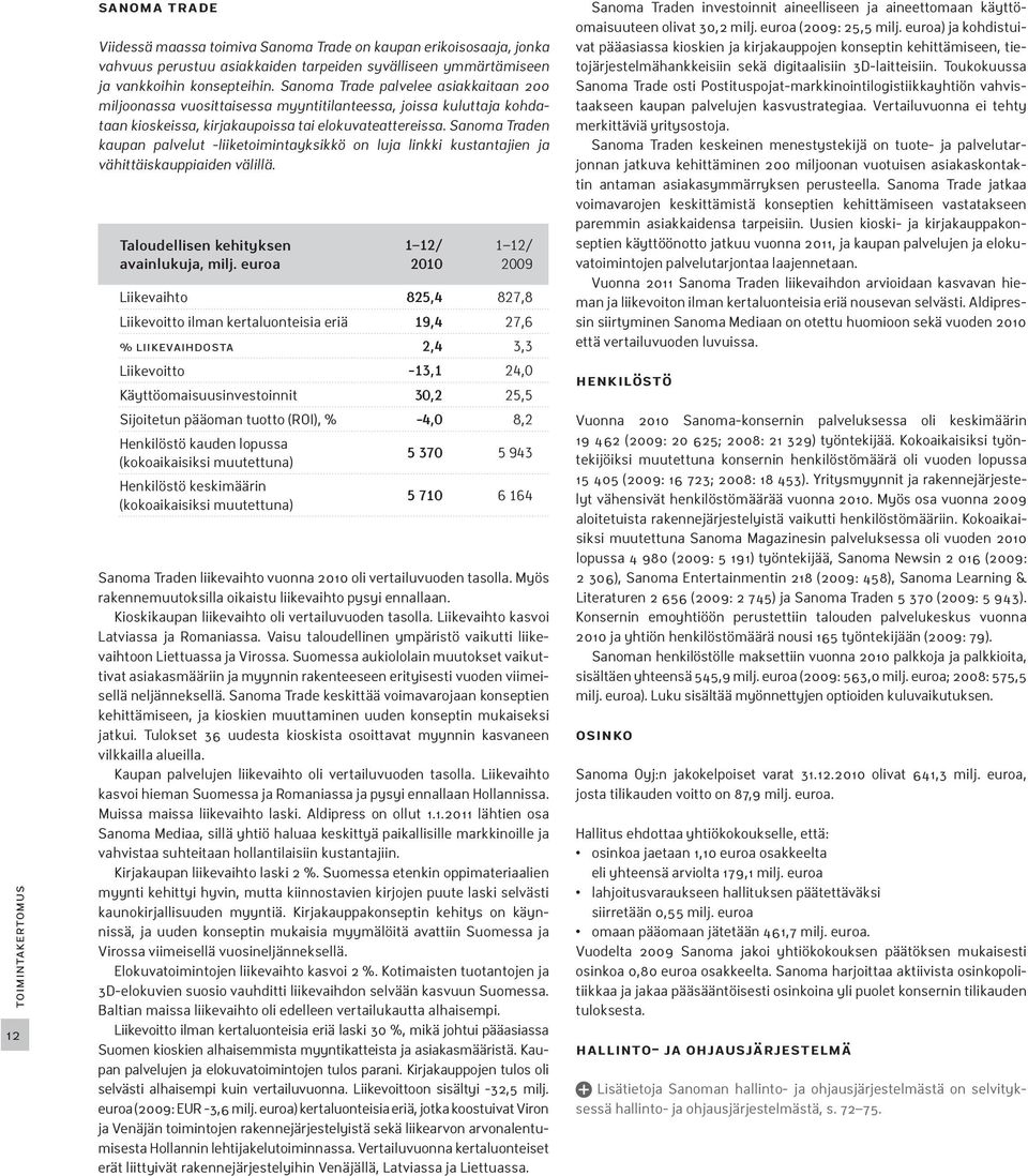 Sanoma Traden kaupan palvelut -liiketoimintayksikkö on luja linkki kustantajien ja vähittäiskauppiaiden välillä. Taloudellisen kehityksen avainlukuja, milj.