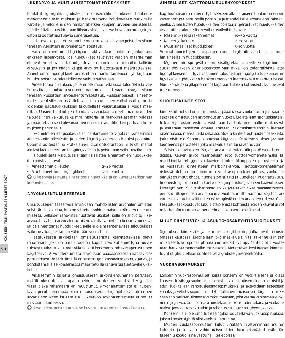 yritysostoista odotettuja tulevia synergiaetuja. Liikearvoa ei poisteta suunnitelman mukaisesti, vaan poistojen sijaan tehdään vuosittain arvonalentumistestaus.