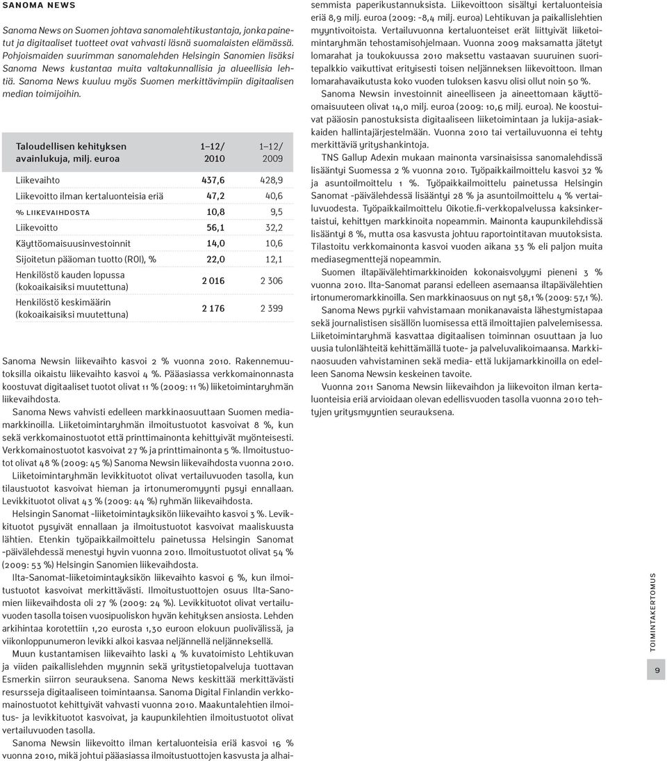 Sanoma News kuuluu myös Suomen merkittävimpiin digitaalisen median toimijoihin. Taloudellisen kehityksen avainlukuja, milj.