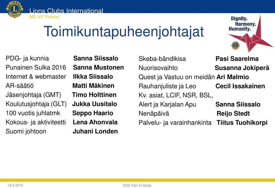 Ahonvala Suomi johtoon Juhani Londen Skeba-bändikisa Pasi Saarelma Nuorisovaihto Susanna Jokiperä Quest ja Vastuu on meidän Ari Malmio